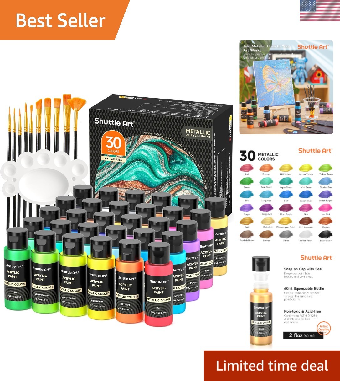 Versatile Metallic Acrylic Paint Set – 60ml Bottles, Includes Brushes & Palette