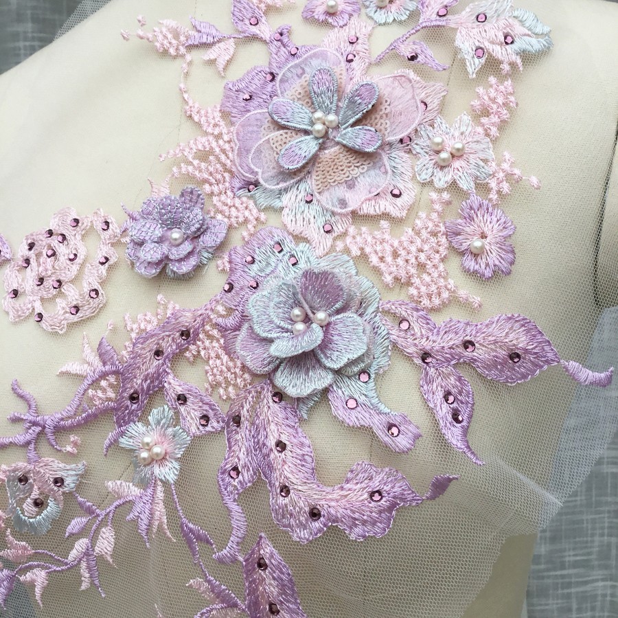 3D Flowers Beaded Lace Fabrics Applique Embroidery Sewing On Patches