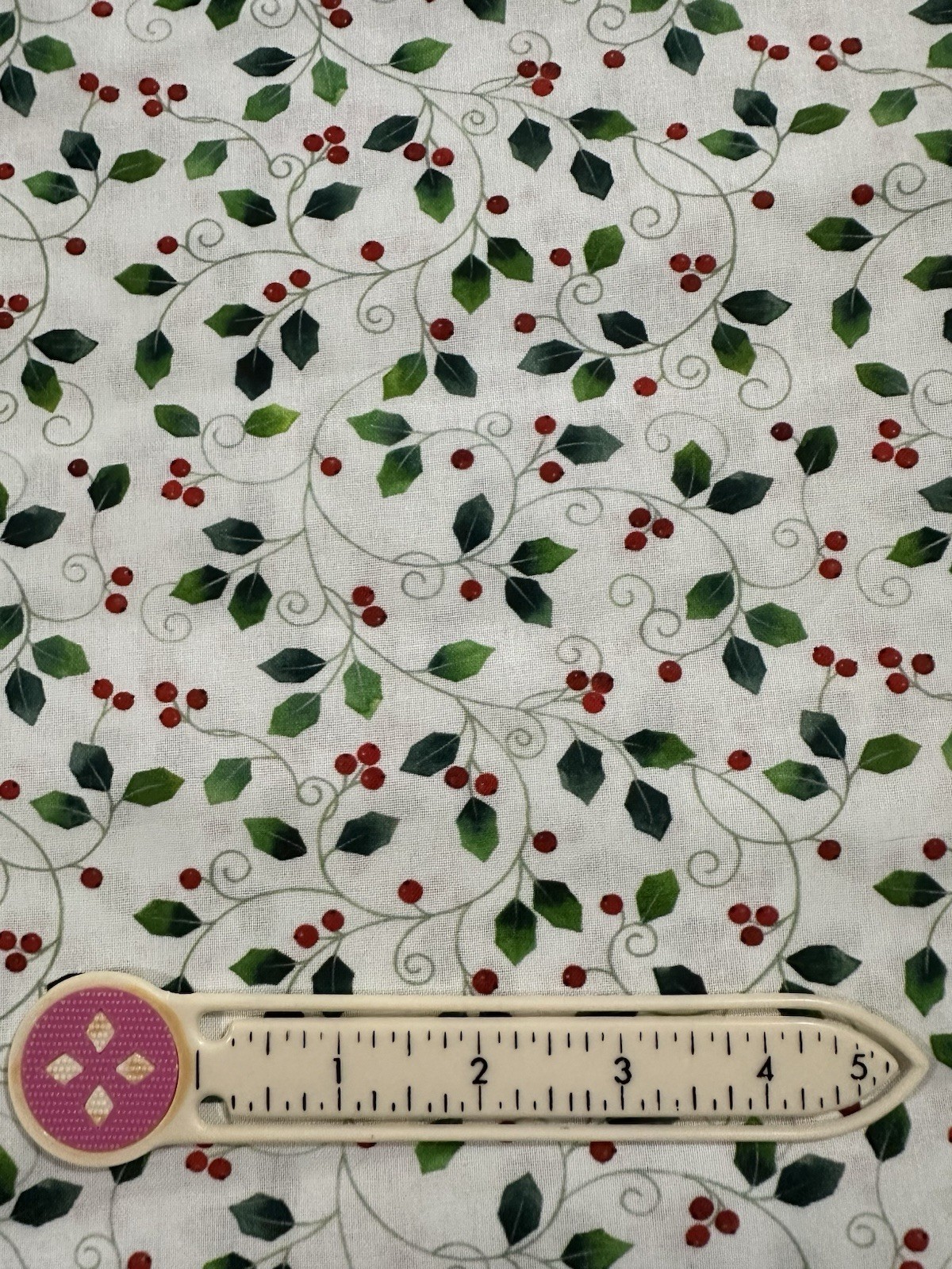 Christmas Wintergreen Leaves & vines with Red Berries on white Fabric BTHY