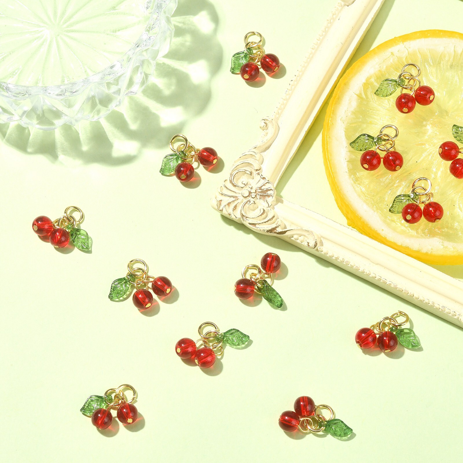 30x Glass Acrylic Cherry Charms Pendants for DIY Jewelry Making Supplies