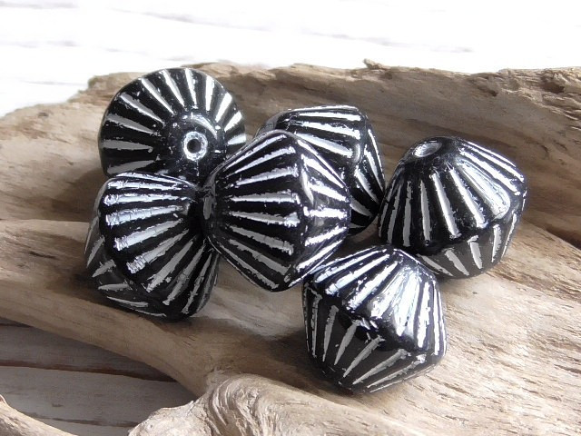 6 – 12x10mm CZECH OPAQUE JET BLACK, WHITE WASH TRIBAL, AZTEC BICONE BEADS