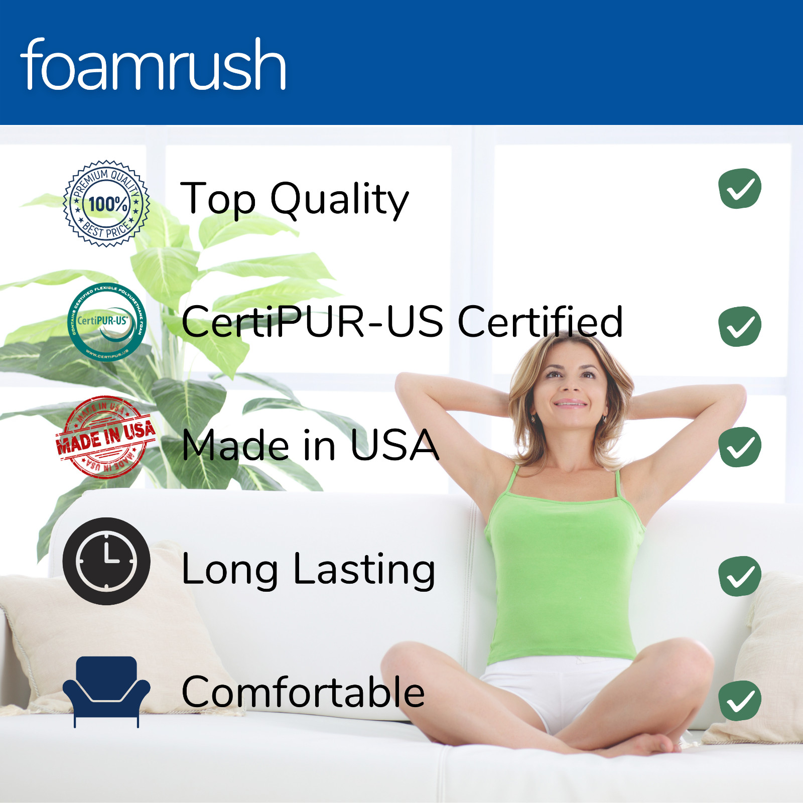 FoamRush 20″ x 23″ High Density Upholstery Foam Seat Cushion Replacement USA