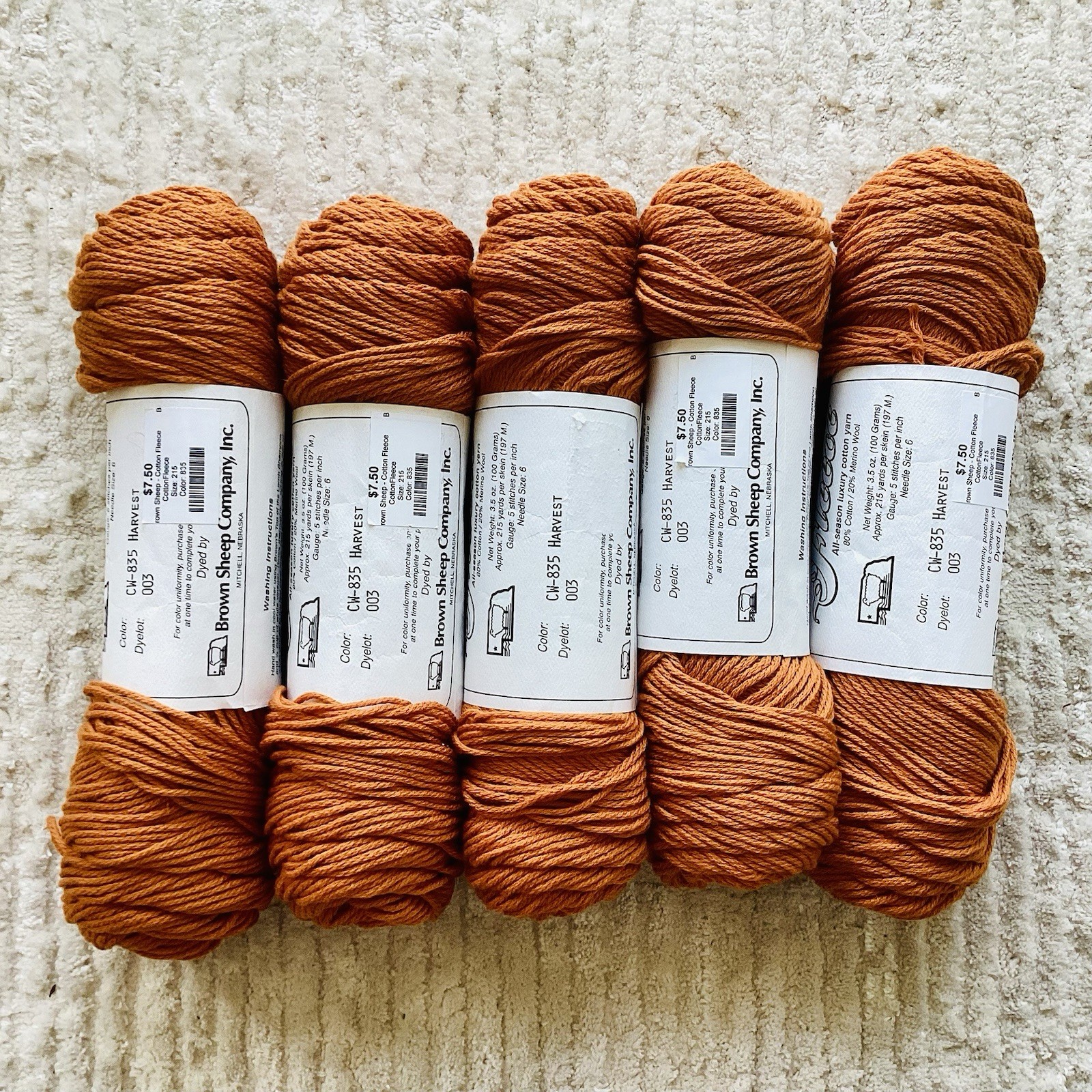 Lot Of 5 Brown Sheep Company Cotton Fleece yarn burnt orange Harvest Wool Cotton