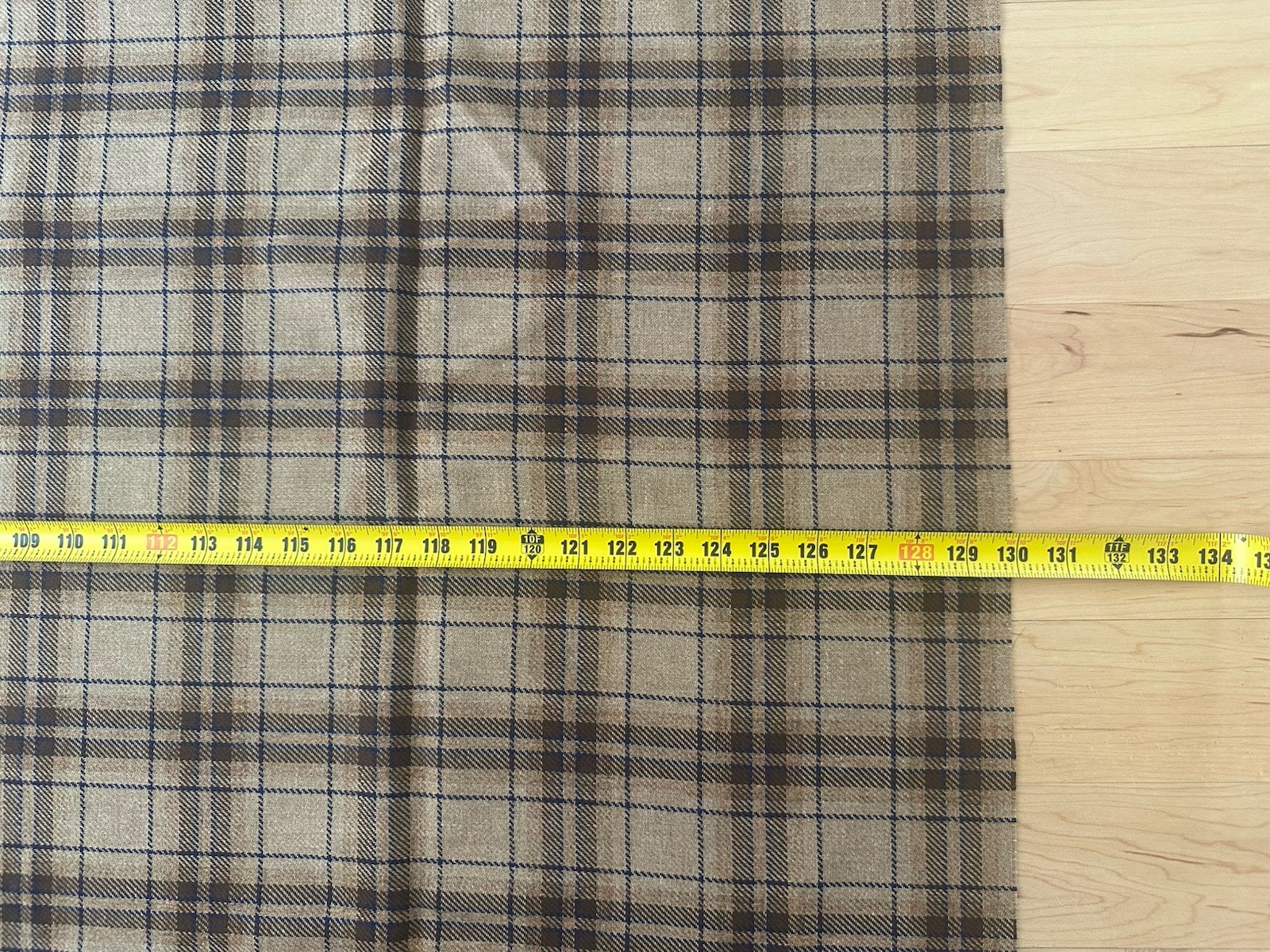 Vintage Fabric 3 1/4 Yards Blue Brown Plaid Wool Blend NOS 70’s