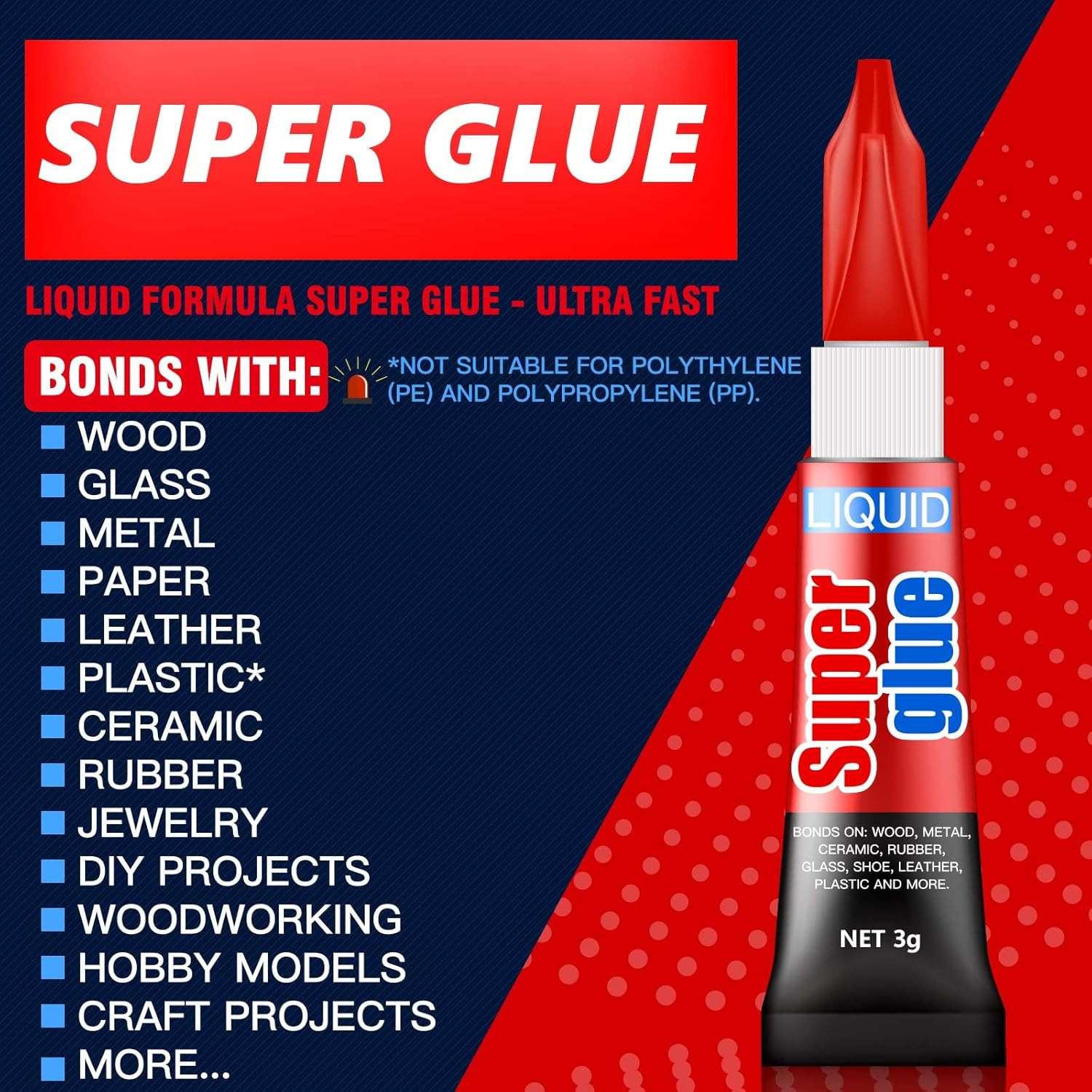 3 Gram (Pack of 12) Single Use Super Glue Liquid, Super Fast, Thin & Strong Adhe