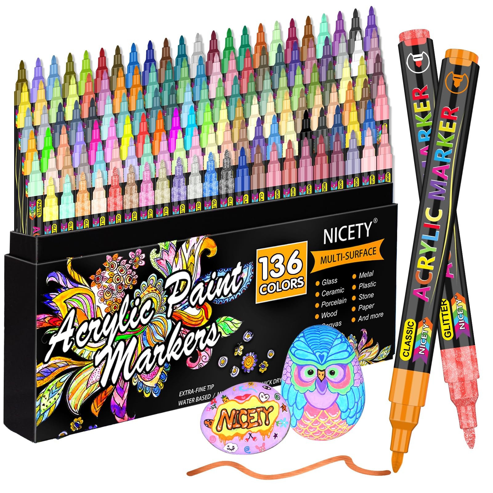 NICETY 136 Colors Acrylic Paint Markers, Extra Fine Tip Point Acrylic Paint Pens