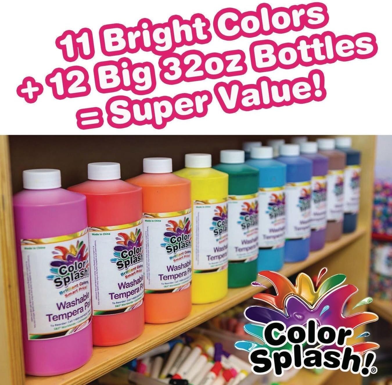 Color Splash! 12-Pack Liquid Tempera Paint – 32oz Non-Toxic for Kids & Adults