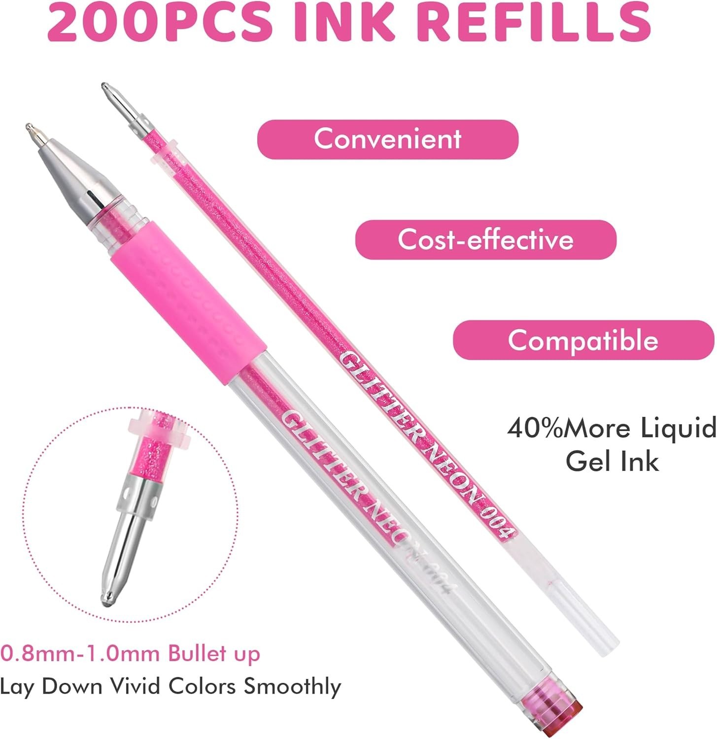 200 Colors Gel Pen Refills, Glitter Neon Gel Pens Refills,Replace Cartridges fo
