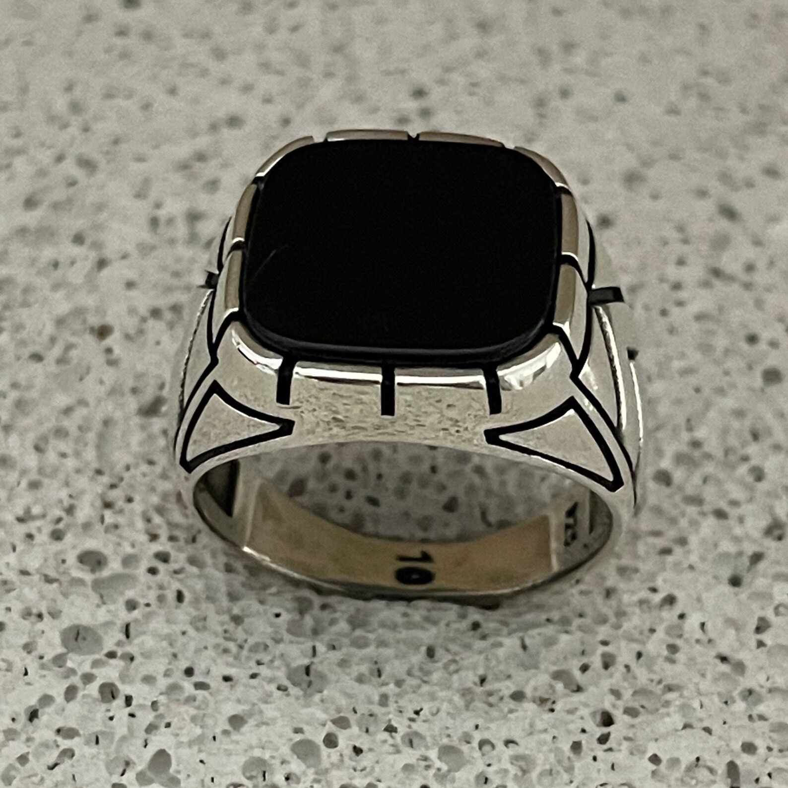 Cushion Black Onyx Men’s Ring, Chevron Arrow Design, Vintage Punk Gothic Stateme