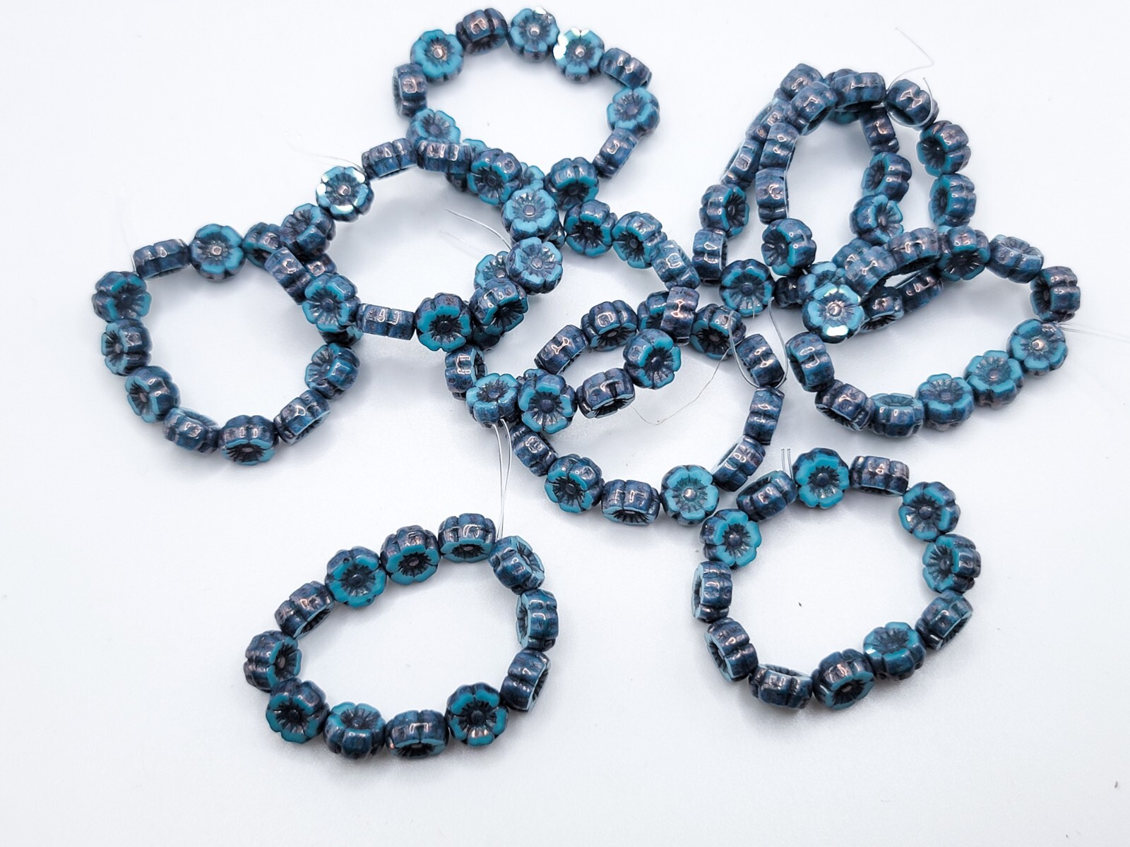 Hibiscus Uranium Glass Beads 7mm Blue Silver Wash Pressed Glass 12pcs
