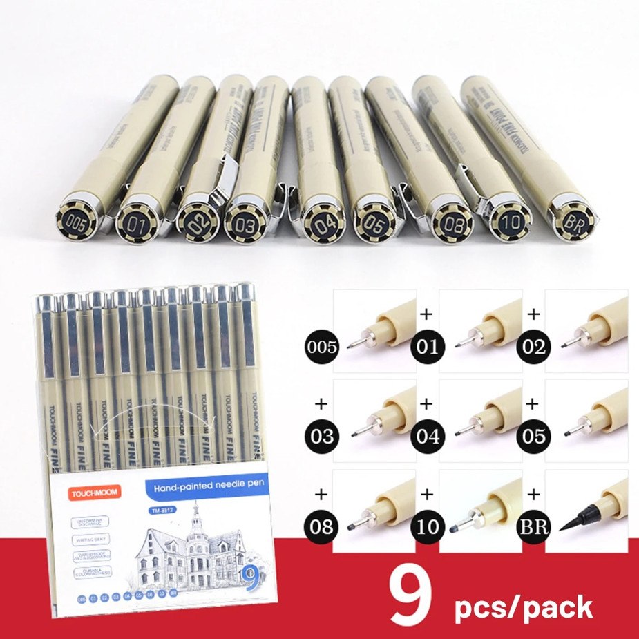 9pcs Fineliner Sketch Pen Set – Black Hook & Needle Tip Drawing Markers