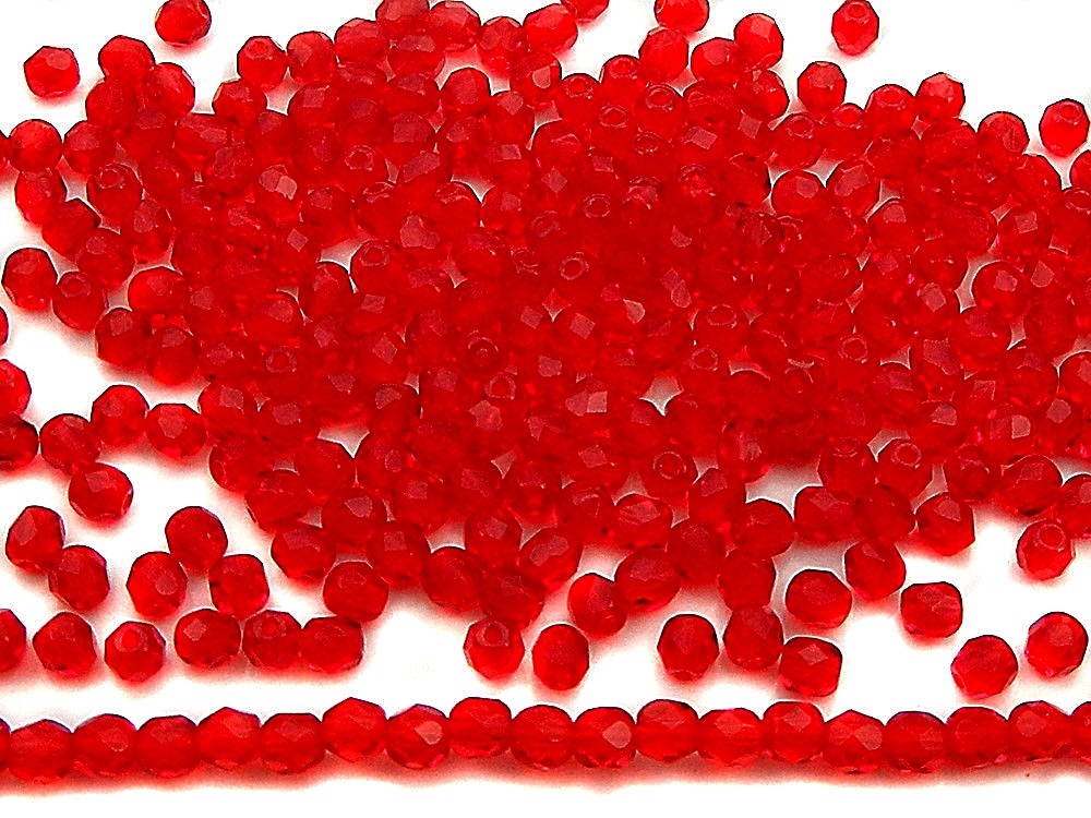 Czech Fire Polished Round Faceted Glass Beads in Light Siam color red