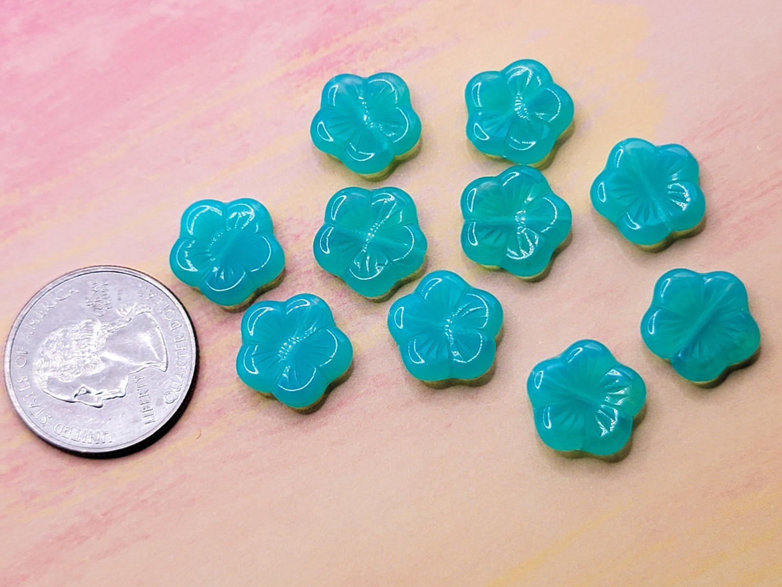 14mm Flower Uranium Glass Beads Green Opal Czech Pressed Glass 10pcs