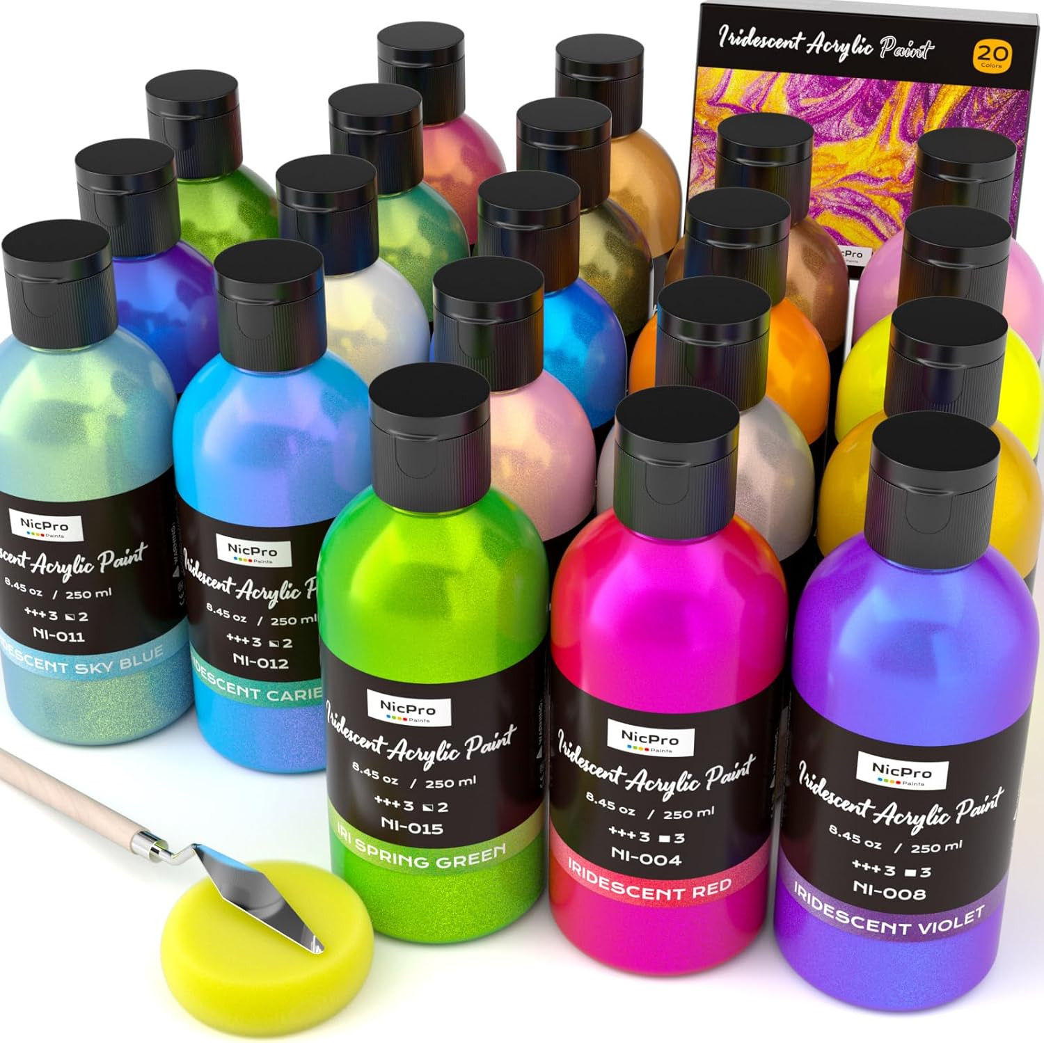 20 Colors Iridescent Acrylic Paint, 8.45Oz / 250Ml Large Bulk Metallic Acrylic P