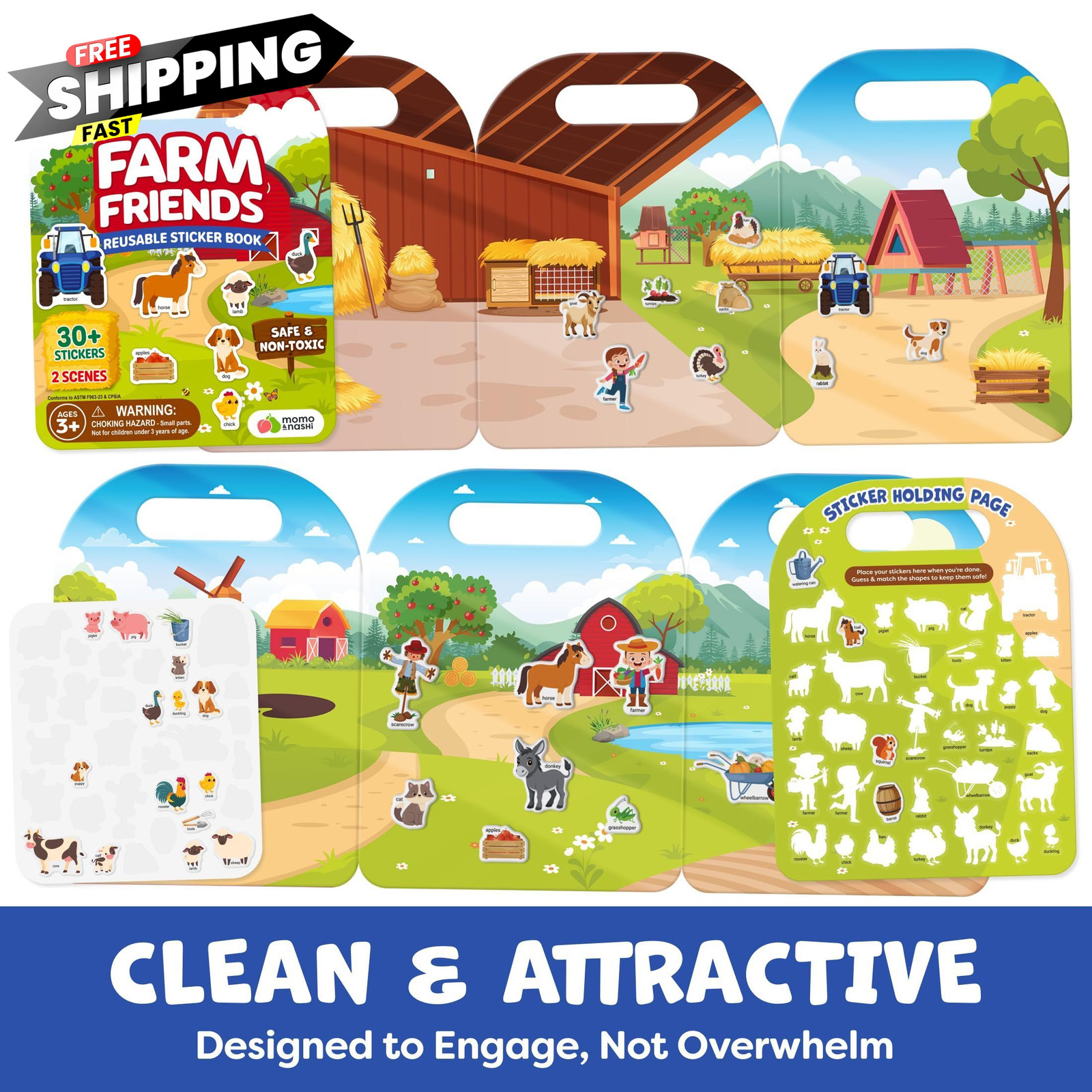 Reusable Sticker Books for Toddlers 1-3, Stickers 22.8″ x 10″, Multicolor