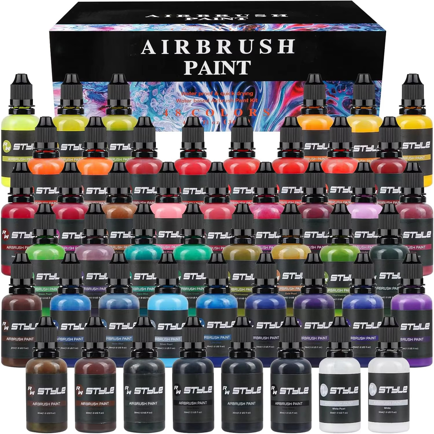 48 Colors Airbrush Paint Set 1Fl Oz, Opaque & Brilliant Colors, Leather & Shoe A