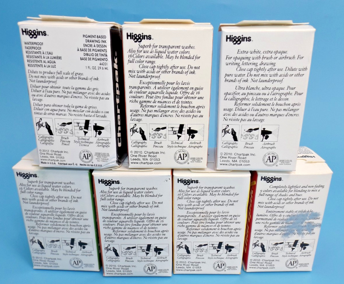 Higgins Pigment-Based Waterproof Drawing Ink 1 fl oz ea. – Set of 7 colors !