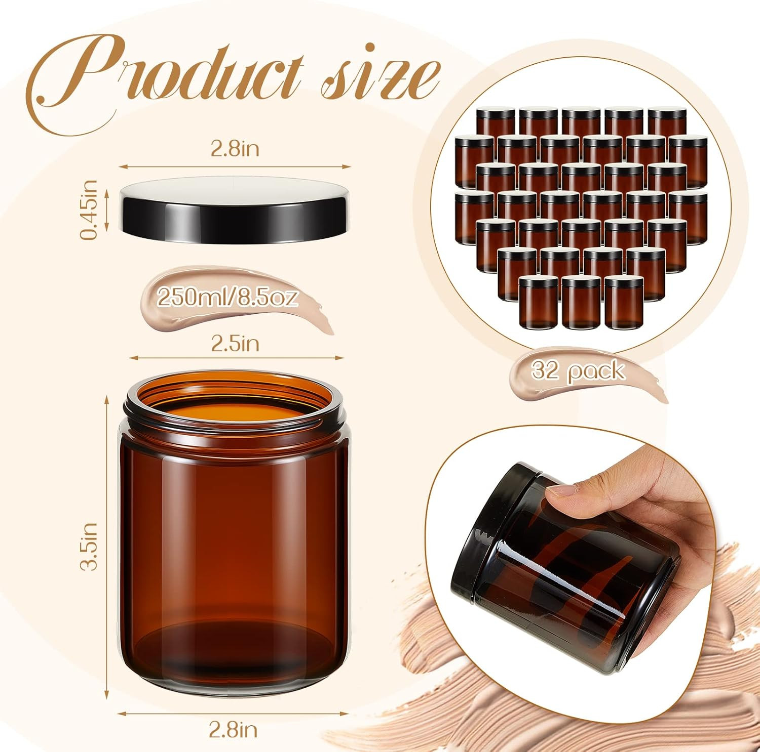 32 Amber Glass Jars 8 Oz with Lids – Perfect for Candles & Cosmetics