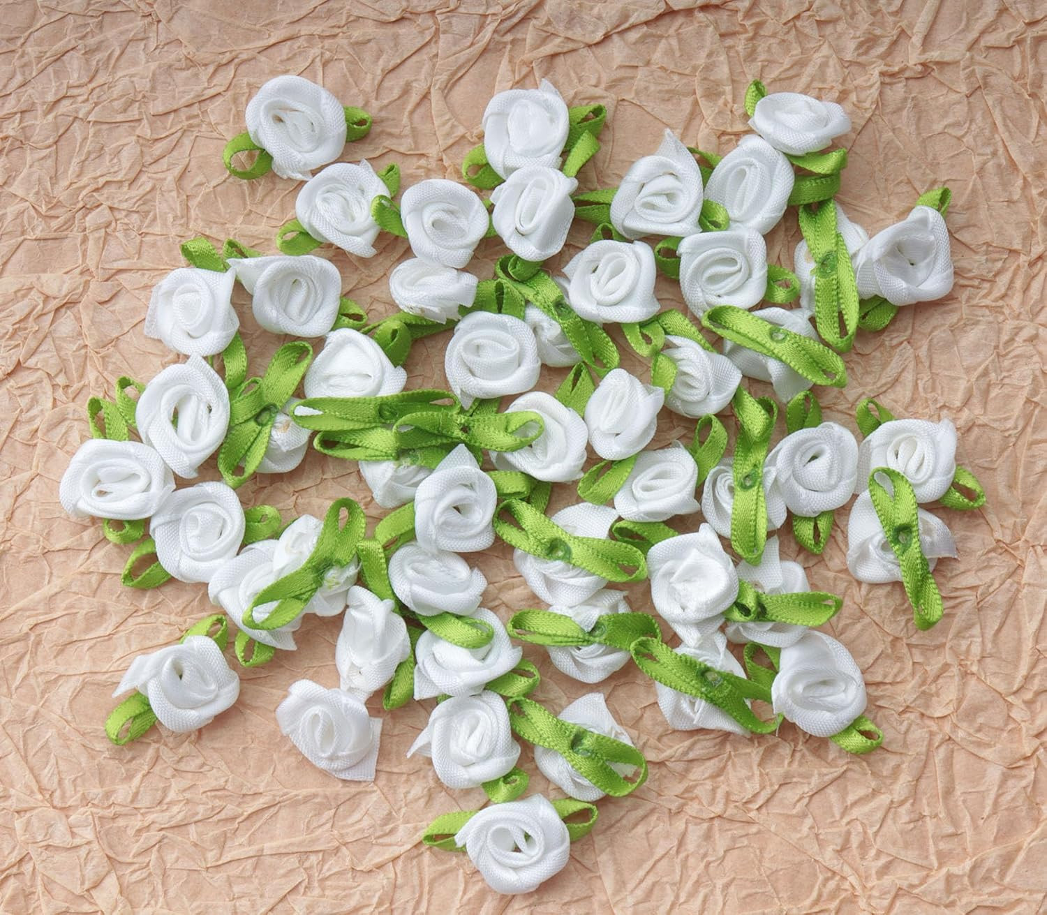 50 Pcs Satin Roses with Green Leaves Mini Cute Ribbon Bows Fabric Artificial Flo