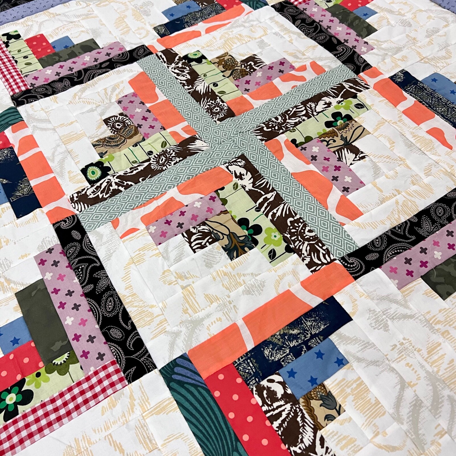 Handmade Log Cabin Star Baby Quilt Top 47×47″ Pieced~ BABY/BED/Wall Decor