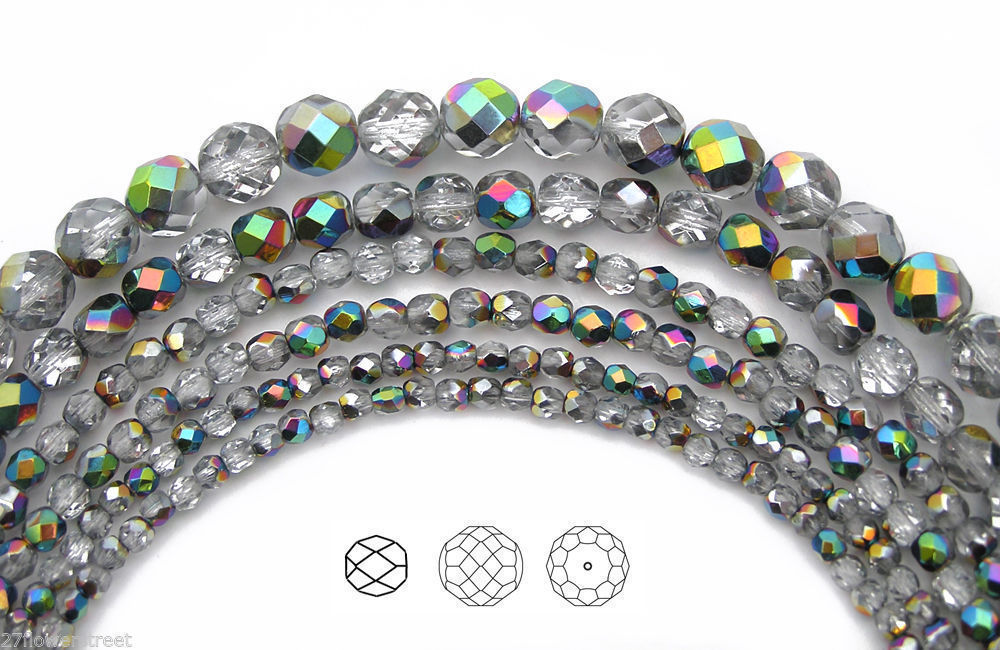 Czech Fire Polished Round Faceted Glass Beads in Crystal Vitrail Med.coated, 16″