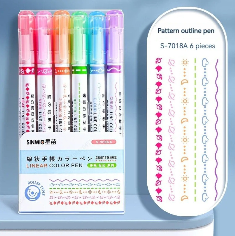 6pcs Flower Line Highlighter Set Roller Tip Curve Marker Kawaii Stationery – NEW