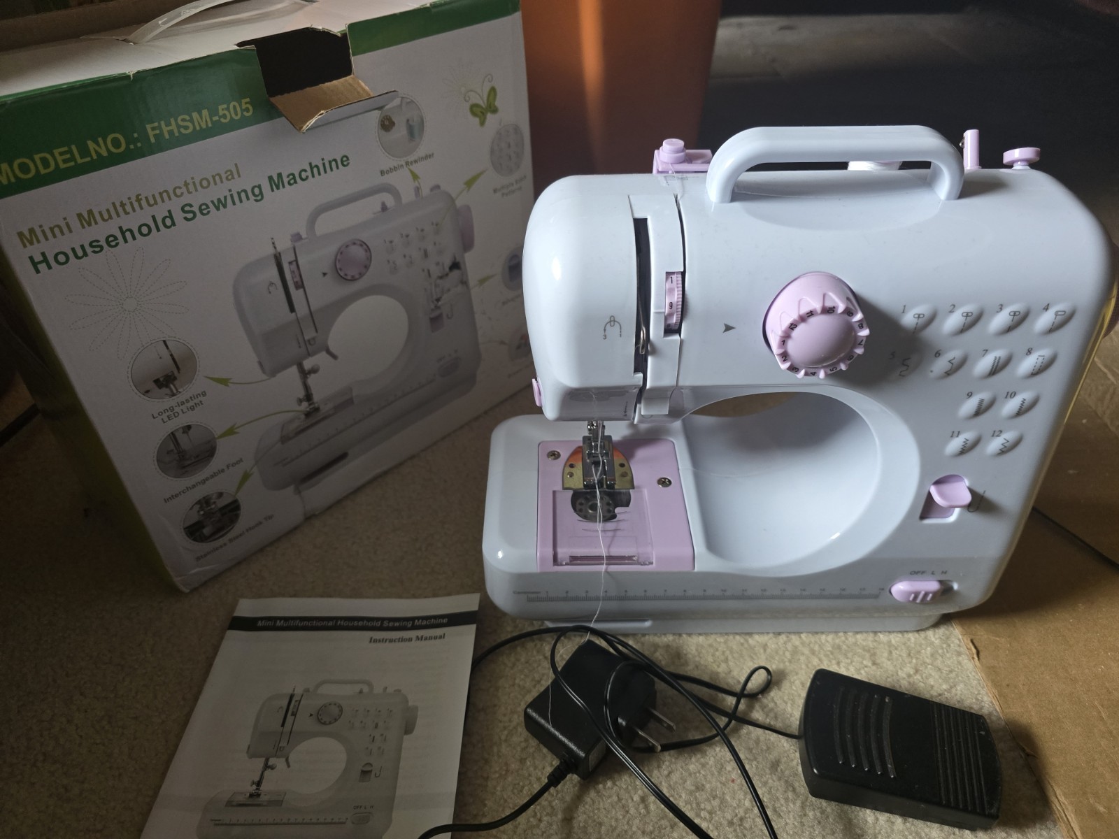 FHSM-505 Mini Electric Sewing Machine w/ Foot Pedal, LED Light, Reverse