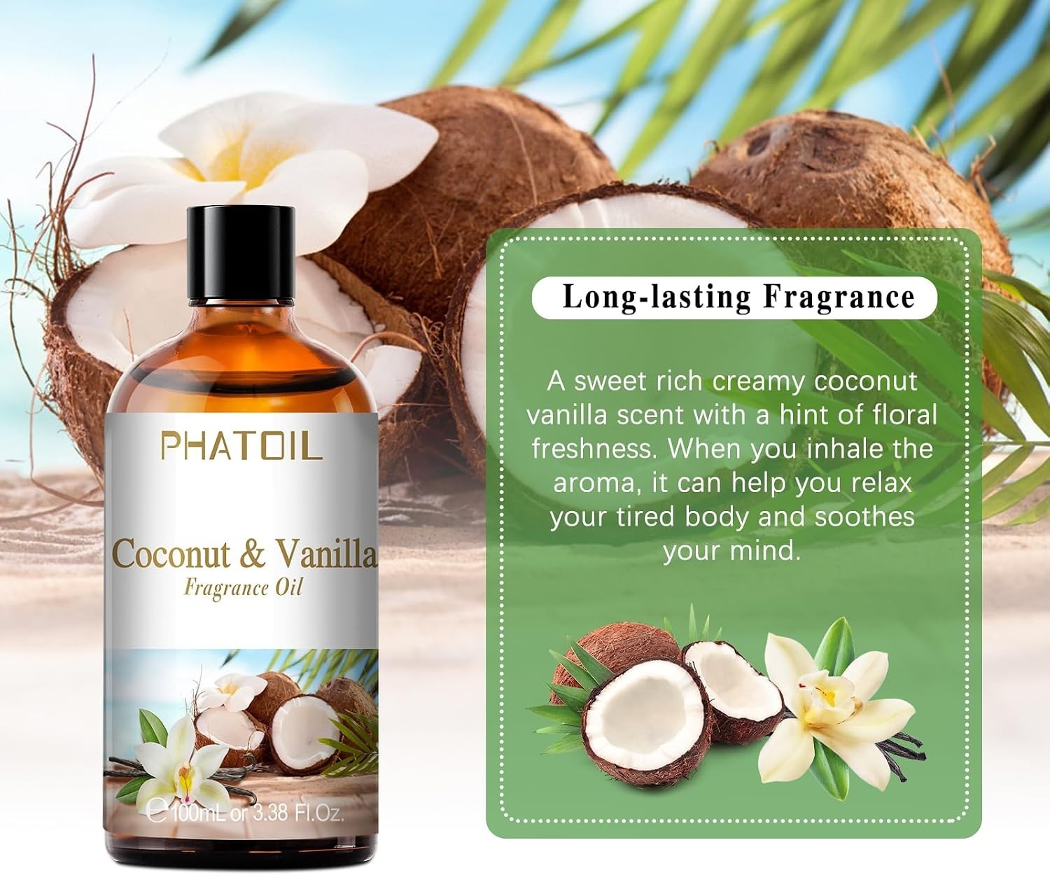 Cruelty-Free 3.38FL.OZ Coconut & Vanilla Fragrance Oils – Versatile Aromatherapy