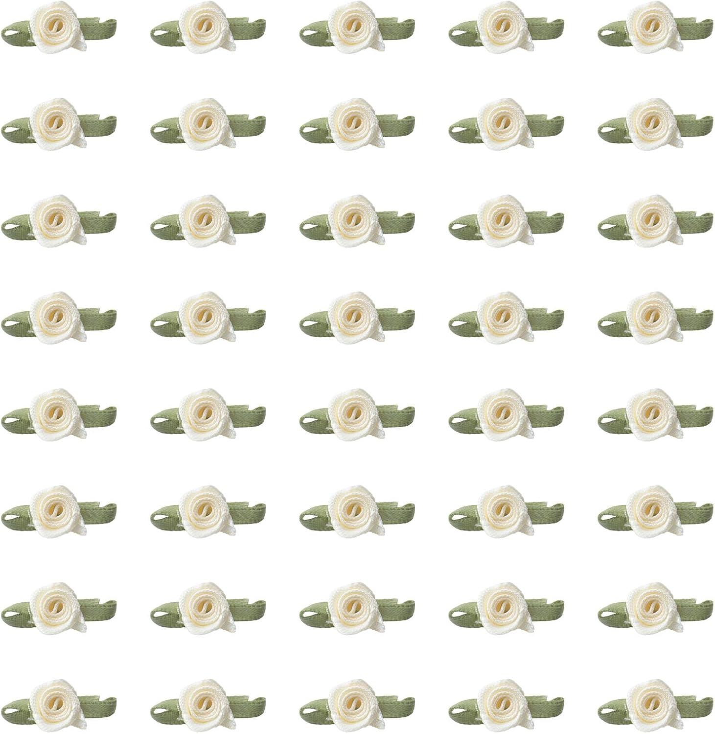 50 Pcs Satin Roses with Green Leaves Mini Cute Ribbon Bows Fabric Artificial Flo