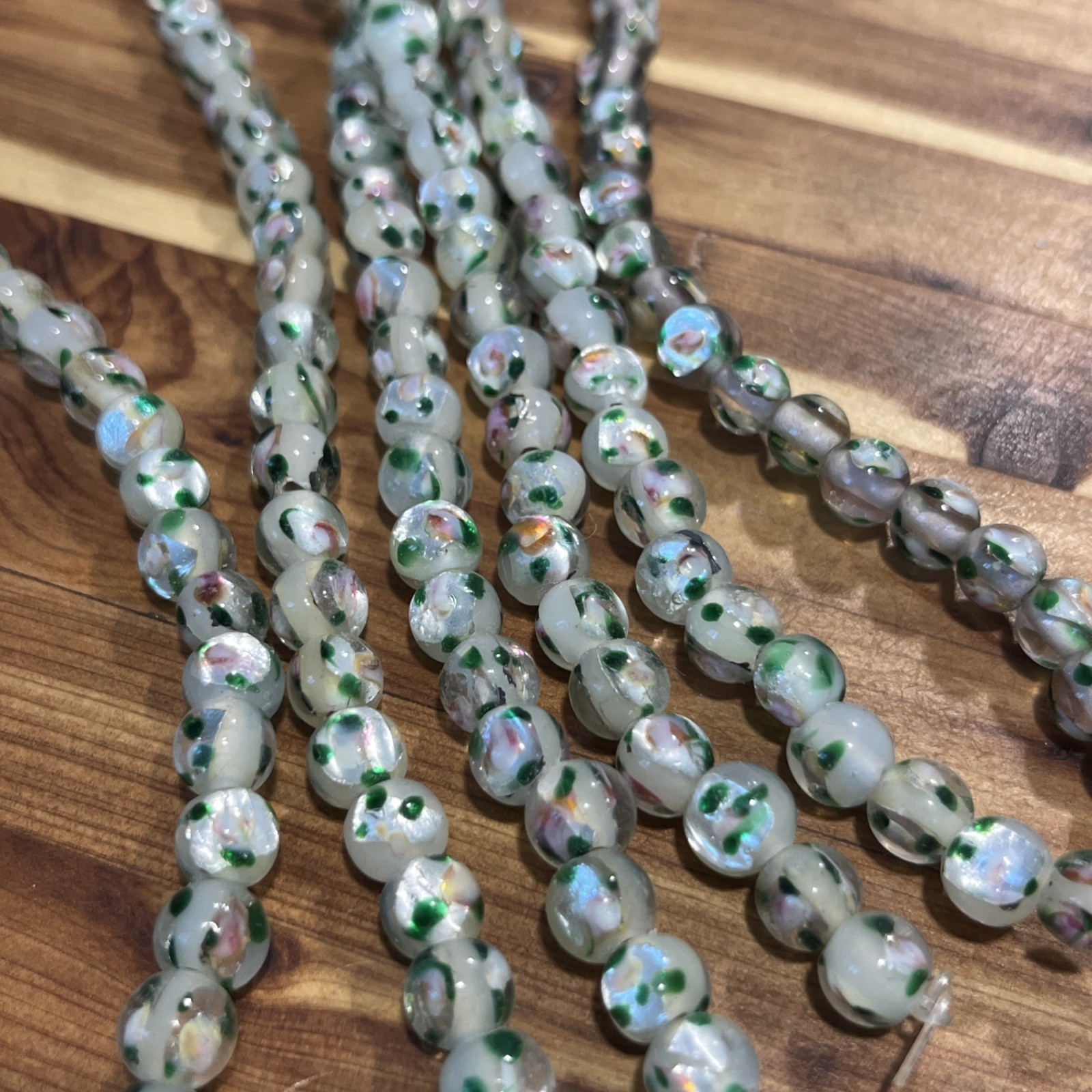 8in Strand Vintage 6mm Lampwork Foil Glass Beads White Pink Green 8in Strand