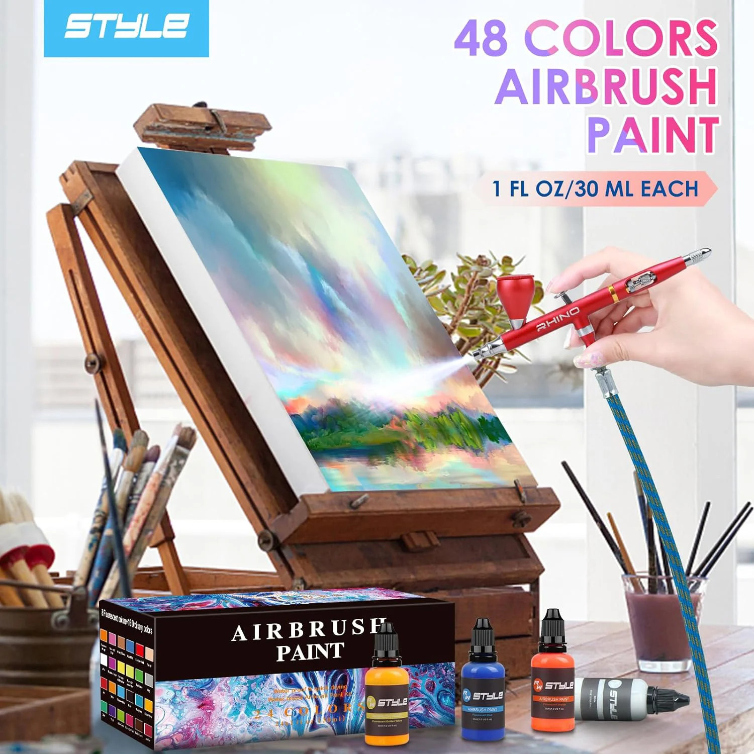 48 Colors Airbrush Paint Set 1Fl Oz, Opaque & Brilliant Colors, Leather & Shoe A