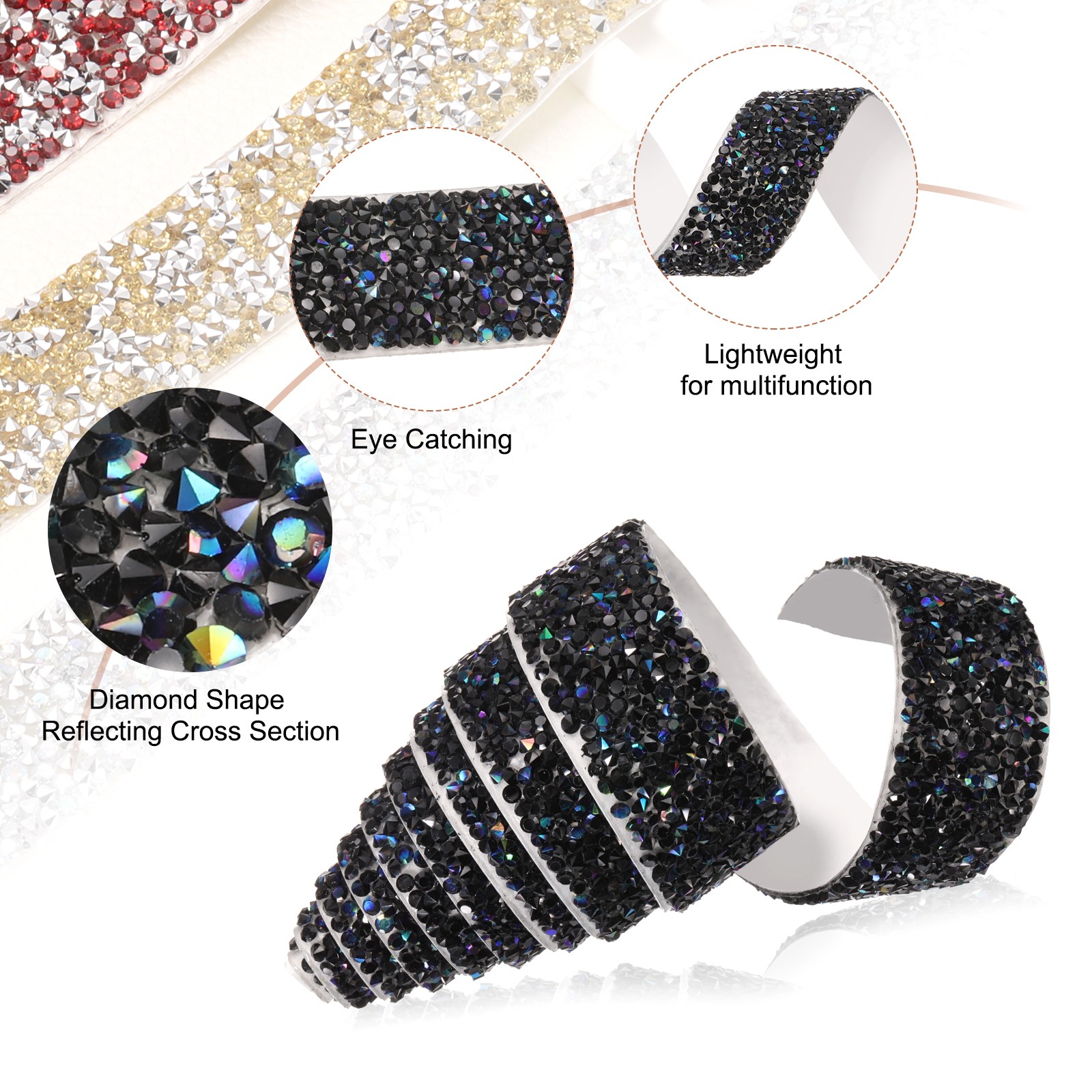 1 Inch x 1 Yard Crystal Rhinestone Sticker Ribbon Black AB