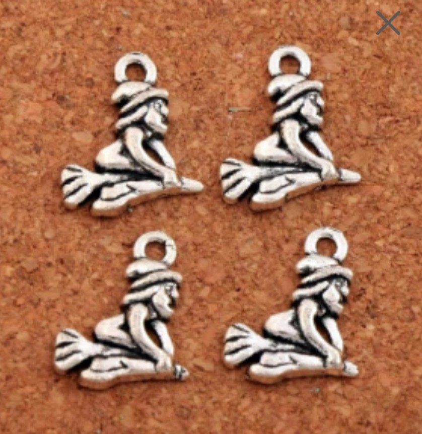 LOT 4 BULK SILVER TINY WITCH ON A BROOM~HALLOWEEN~FALL AUTUMN CHARMS 16mm x 14mm