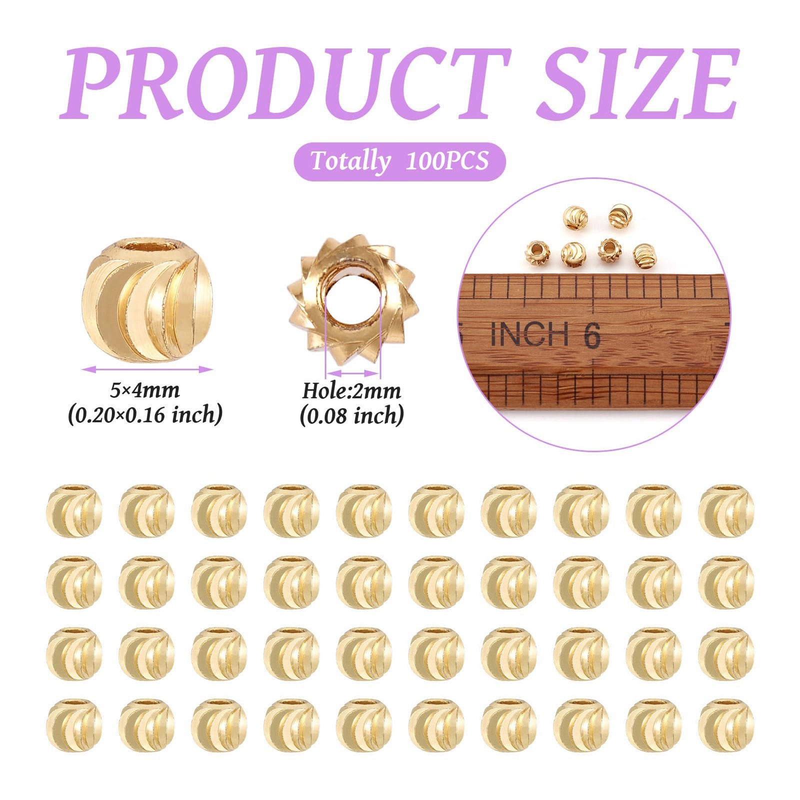 100pcs 18K Gold Corrugated Round Spacer Beads 5mm Tiny Brass Rondelle Ball Loose