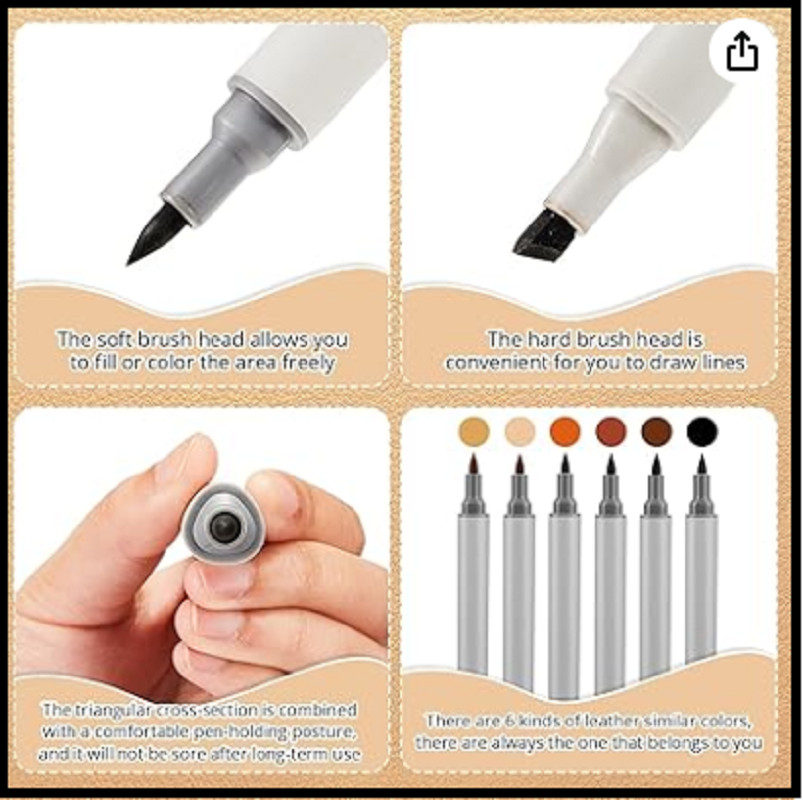 6 Pack Dual Tip Leather Dye Marker Pens Leather Touch up Pen Shoe Marker Leather