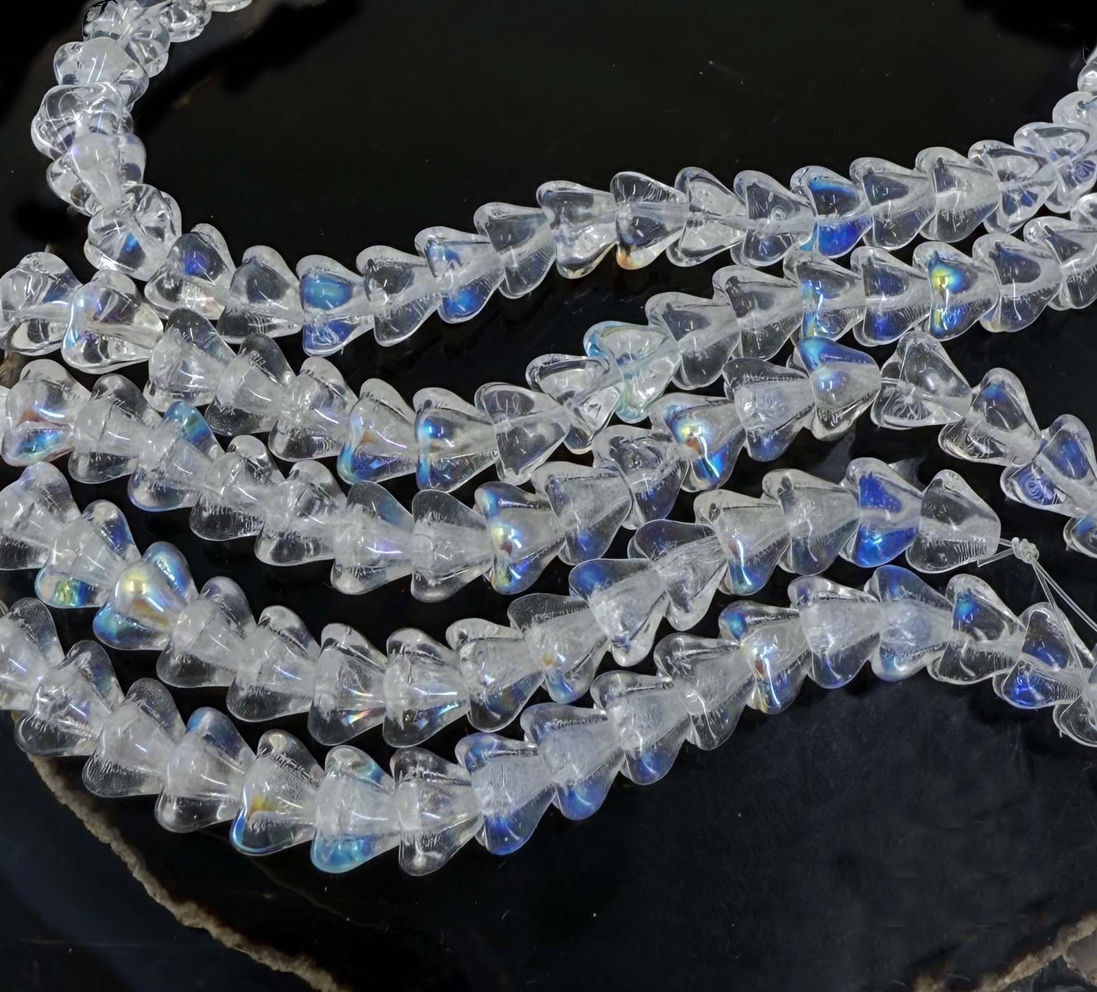 20 Czech Glass Baby Bell Flower Beads – Crystal AB moonstone 8x6mm