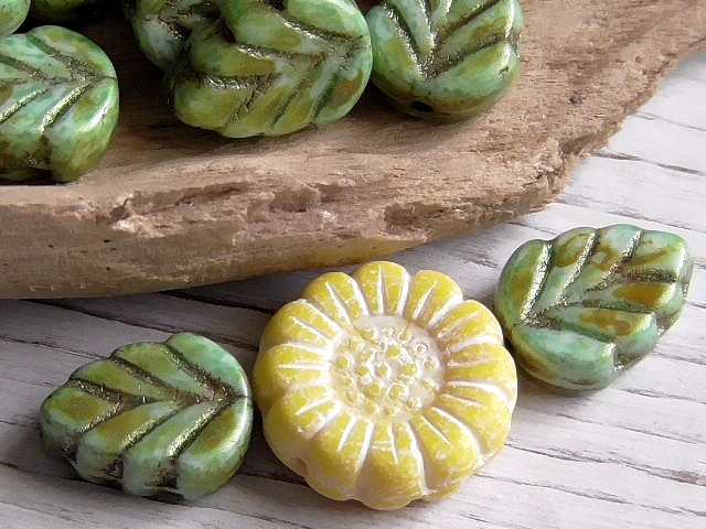 12 – 10x8mm CZECH OPAQUE GREEN BROWN PICASSO, GOLD SHIMMER WASH BIRCH LEAF