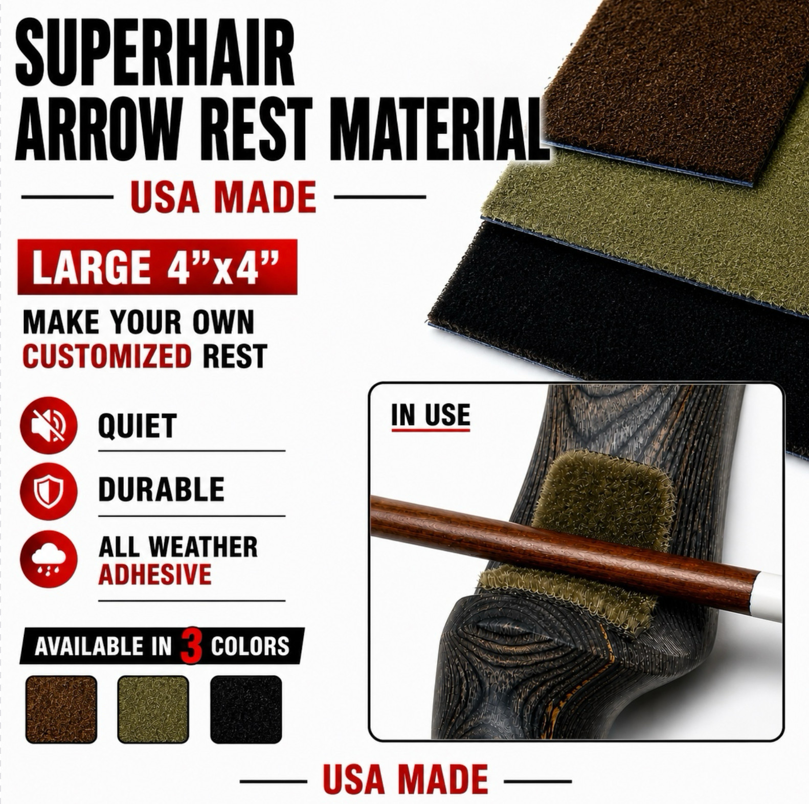 GREEN – 4″ X 4″ HAIR RUG ARROW REST SUPERHAIR Make Your Own CUSTOM Arrow Rests