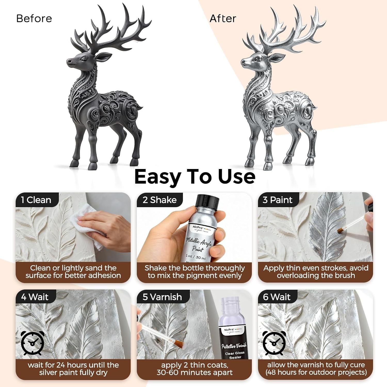 Nicpro Liquid Silver Leaf Paint Kit (2 × 1oz/30ml), Metallic Silver Acrylic Pai