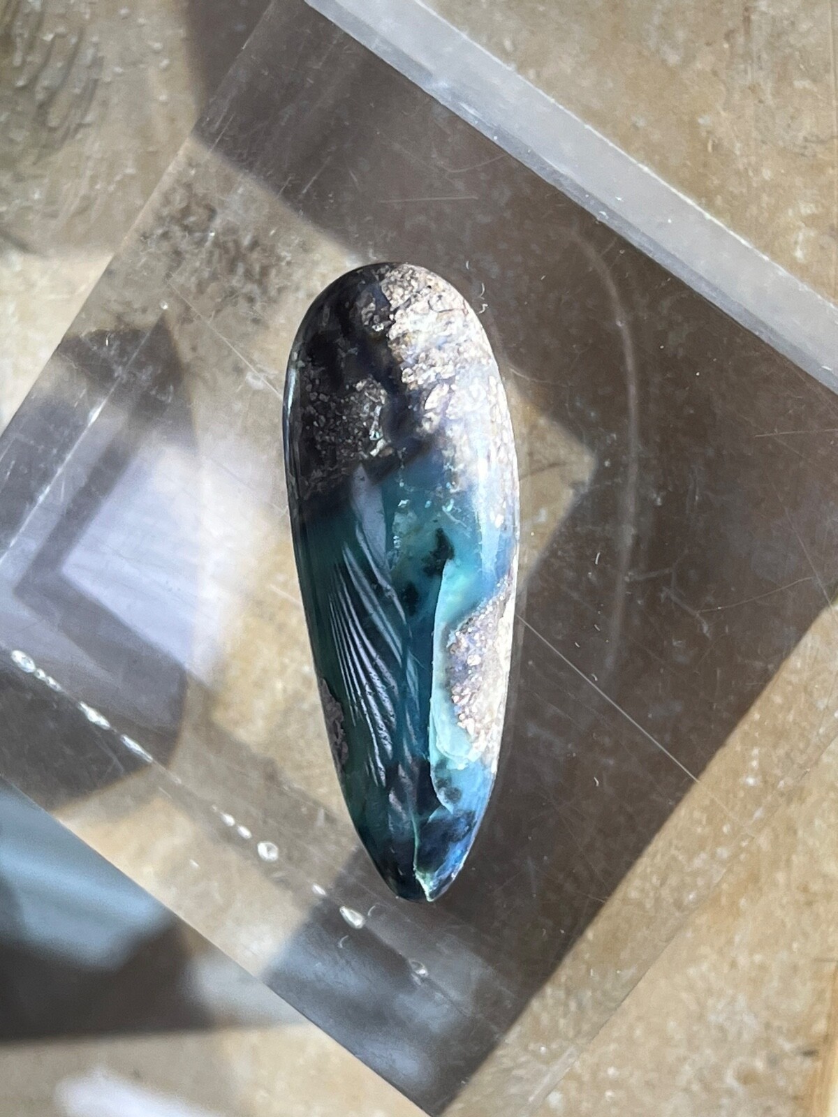 Needles Blue Agate 23.7 Cab in Rhyolite Porphyry Pear tear drop Blue Danube , AZ
