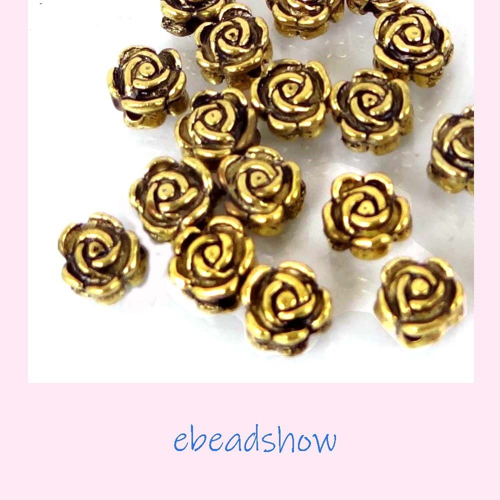 20 Antique Gold Pewter Rose Flower Floral Beads 6x4mm