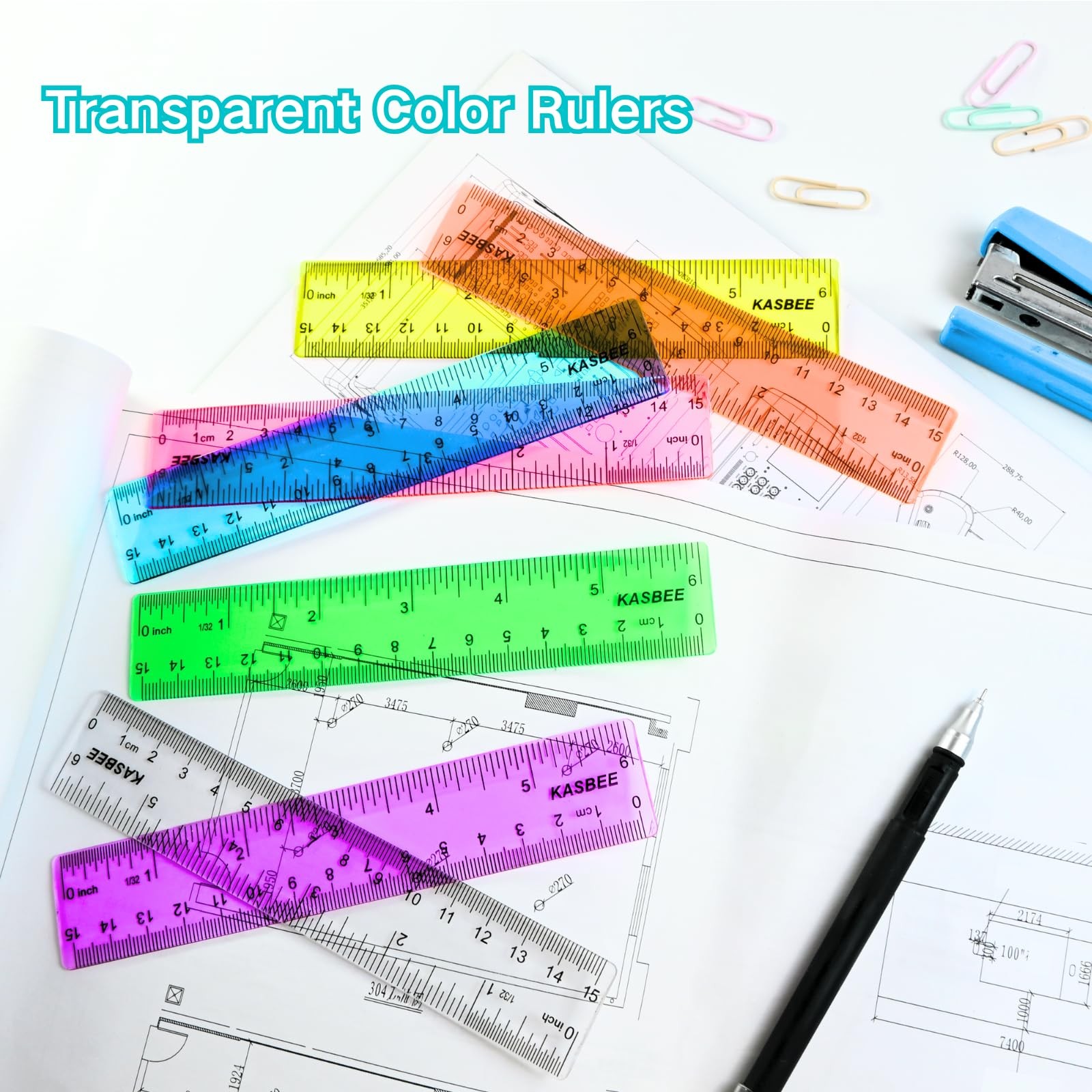6 Inch Rulers, Colored Clear Centimeters 6 Inches, assorted colors