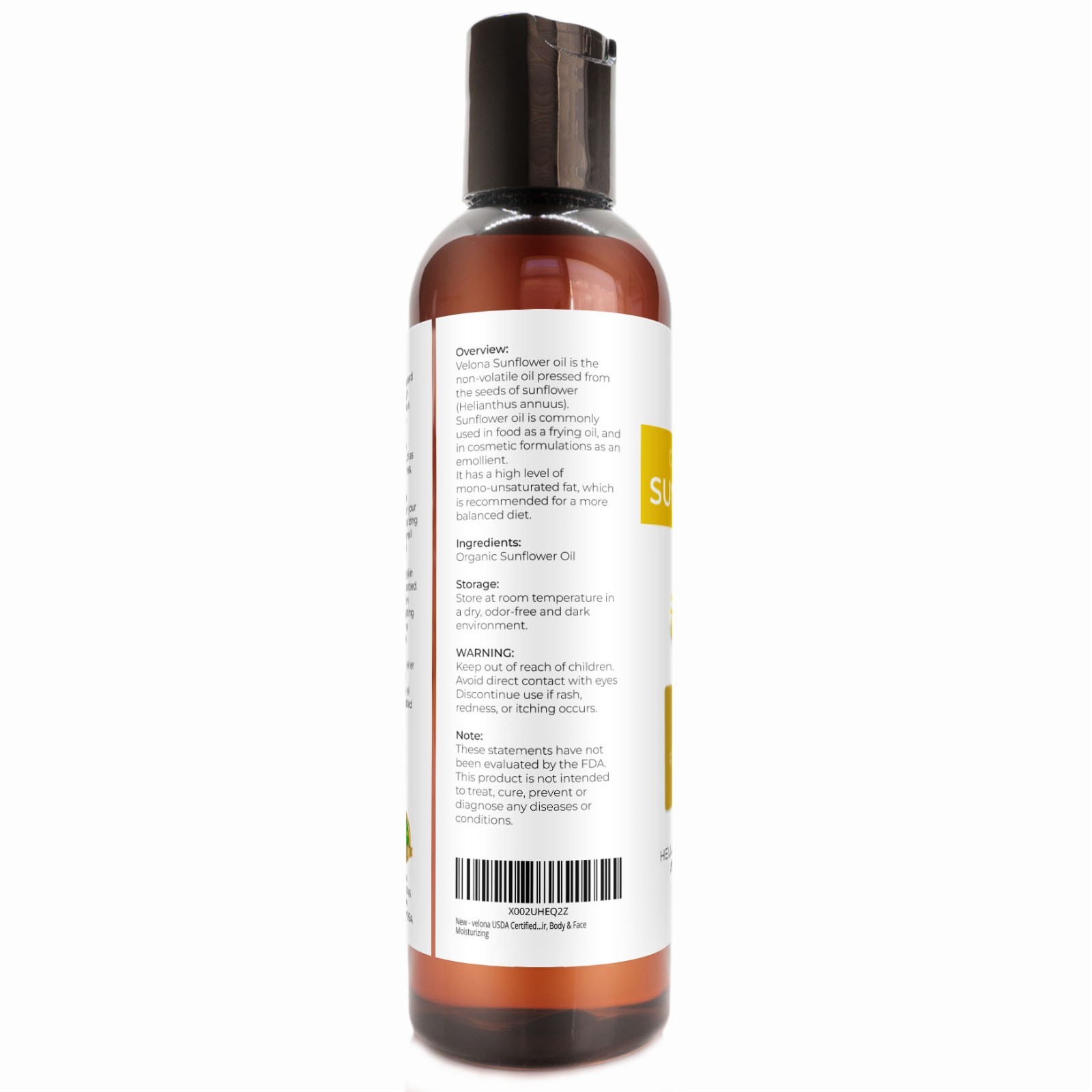 Velona USDA Certified Organic Sunflower Oil – 4 oz 100% Pure High Oleic Refined