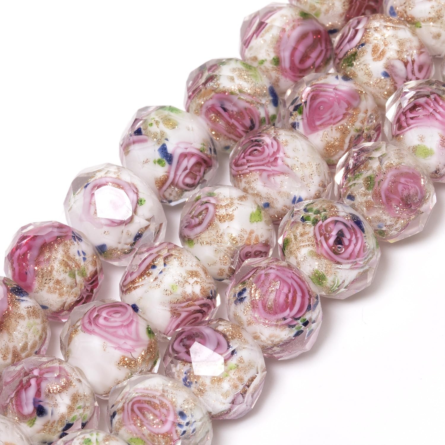 50pcs 8~10mm Rose Lampwork Bead with Blue Spots, Handmade Faceted Pink Murano…