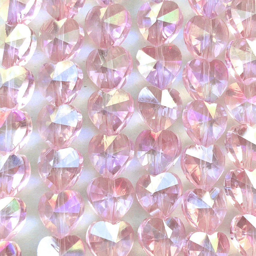 Pink AB Faceted Heart 10mm Electroplated Crystal Glass Q20 Beads per Pkg
