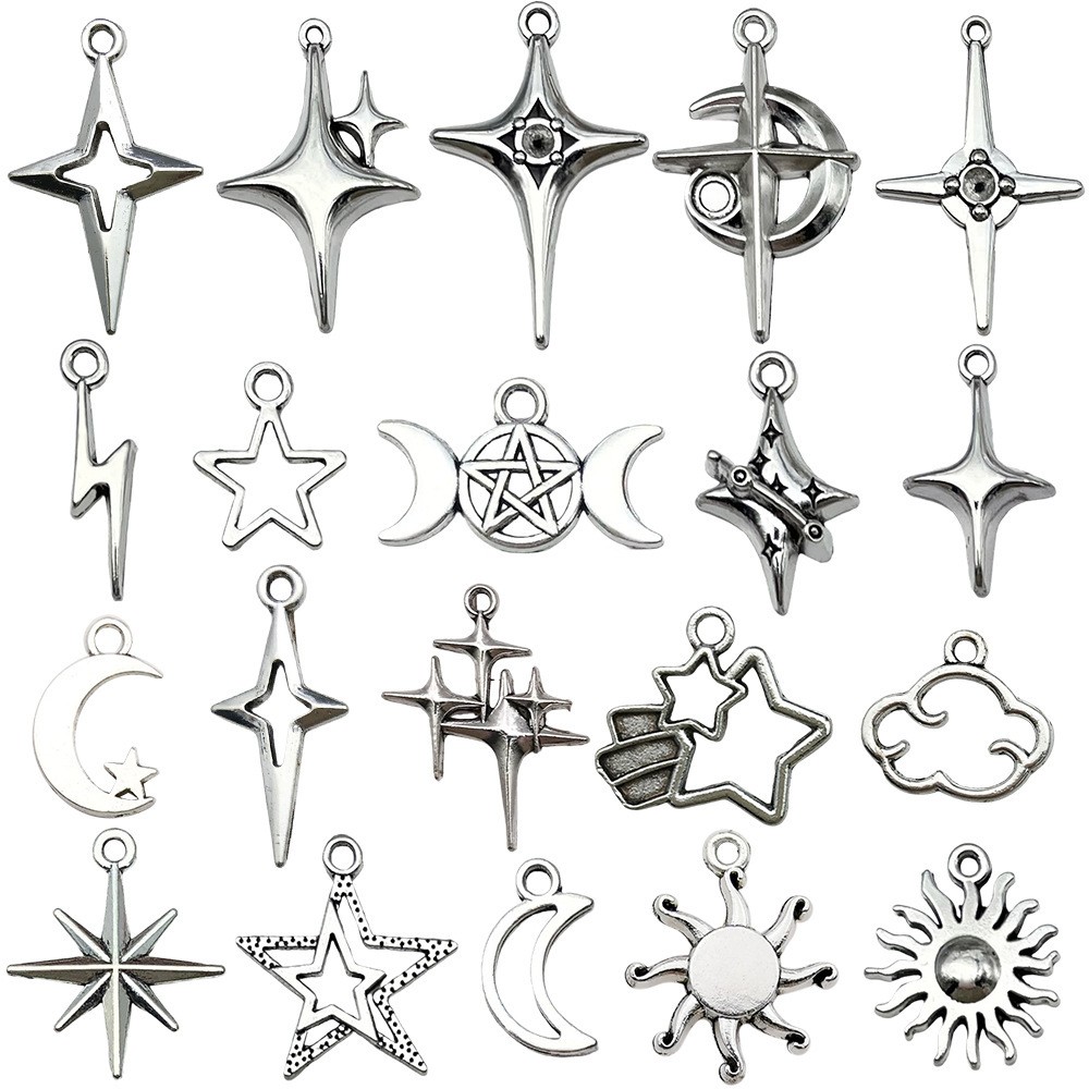 BULK 100Pcs Star Moon Charms DIY Jewelry Making Pendants Antique Silver