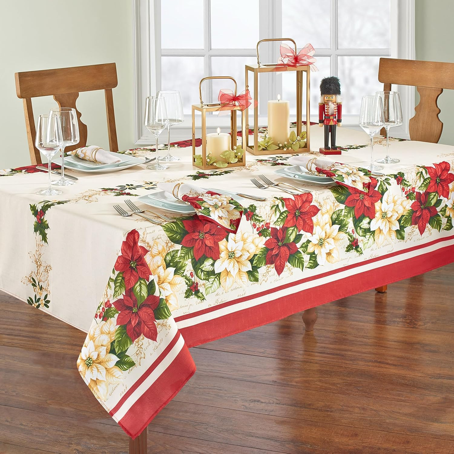 Home Fashions Red and White Poinsettia Holiday Fabric Wrinkle Resistant Tableclo