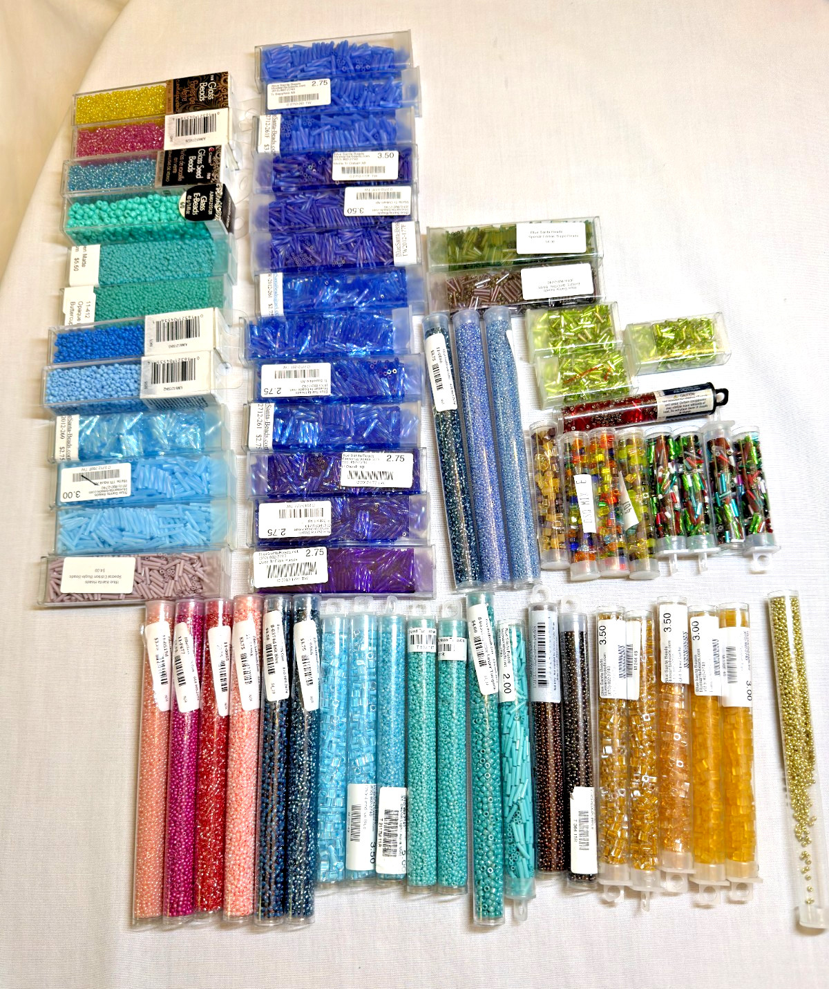 Assorted seed and bugle beads. Various colors, finishes, sizes.