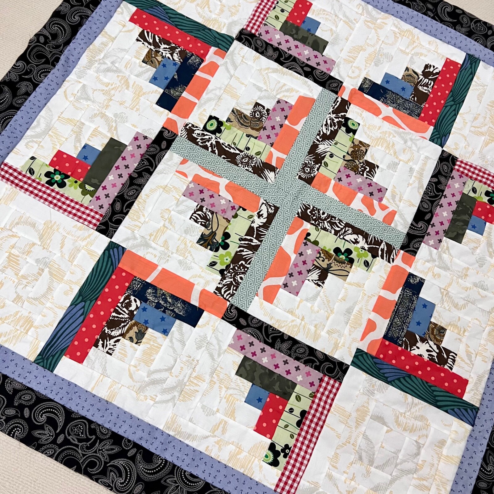 Handmade Log Cabin Star Baby Quilt Top 47×47″ Pieced~ BABY/BED/Wall Decor