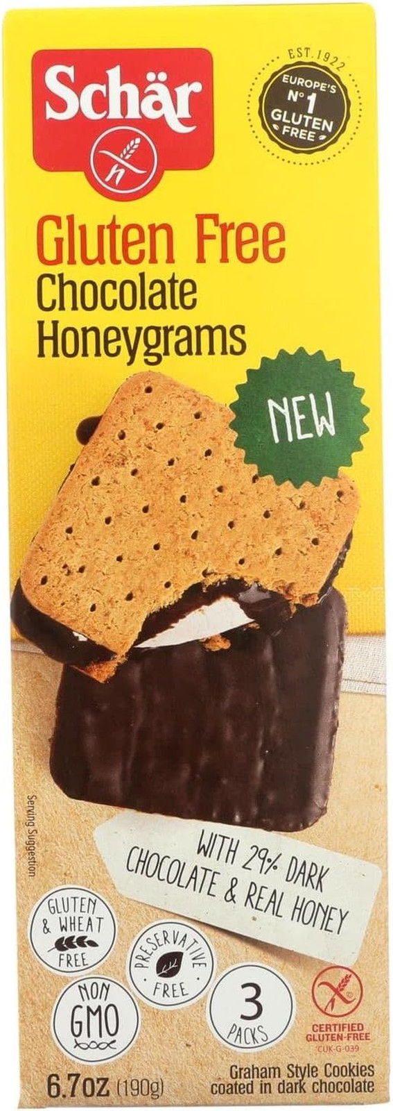 Schar Gluten Free Chocolate Honeygrams Crackers with Rich Dark Chocolate and Rea
